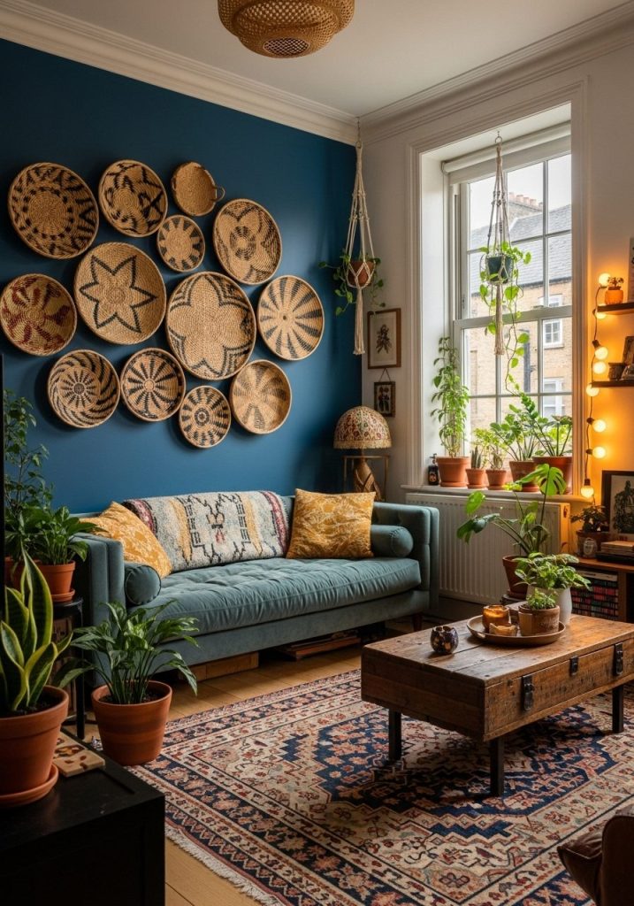 Artistic woven basket arrangement in a bohemian living room