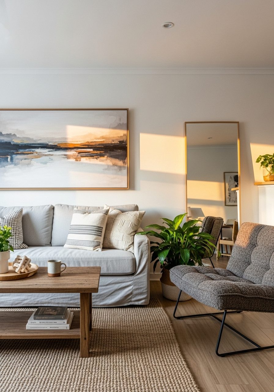 Artwork and mirrors placed to widen and balance a rectangular living room