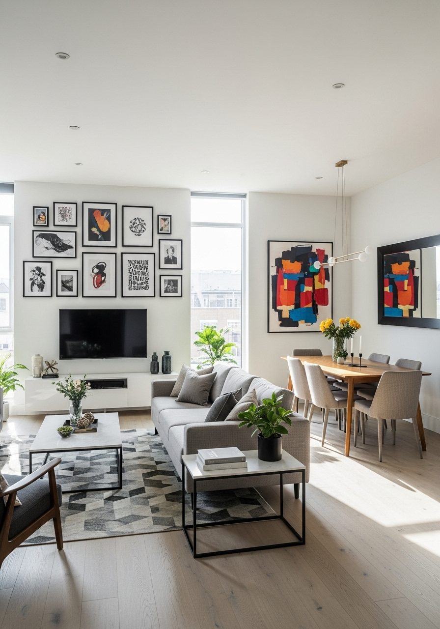 Balanced wall decor and mirror placement in combined living and dining room