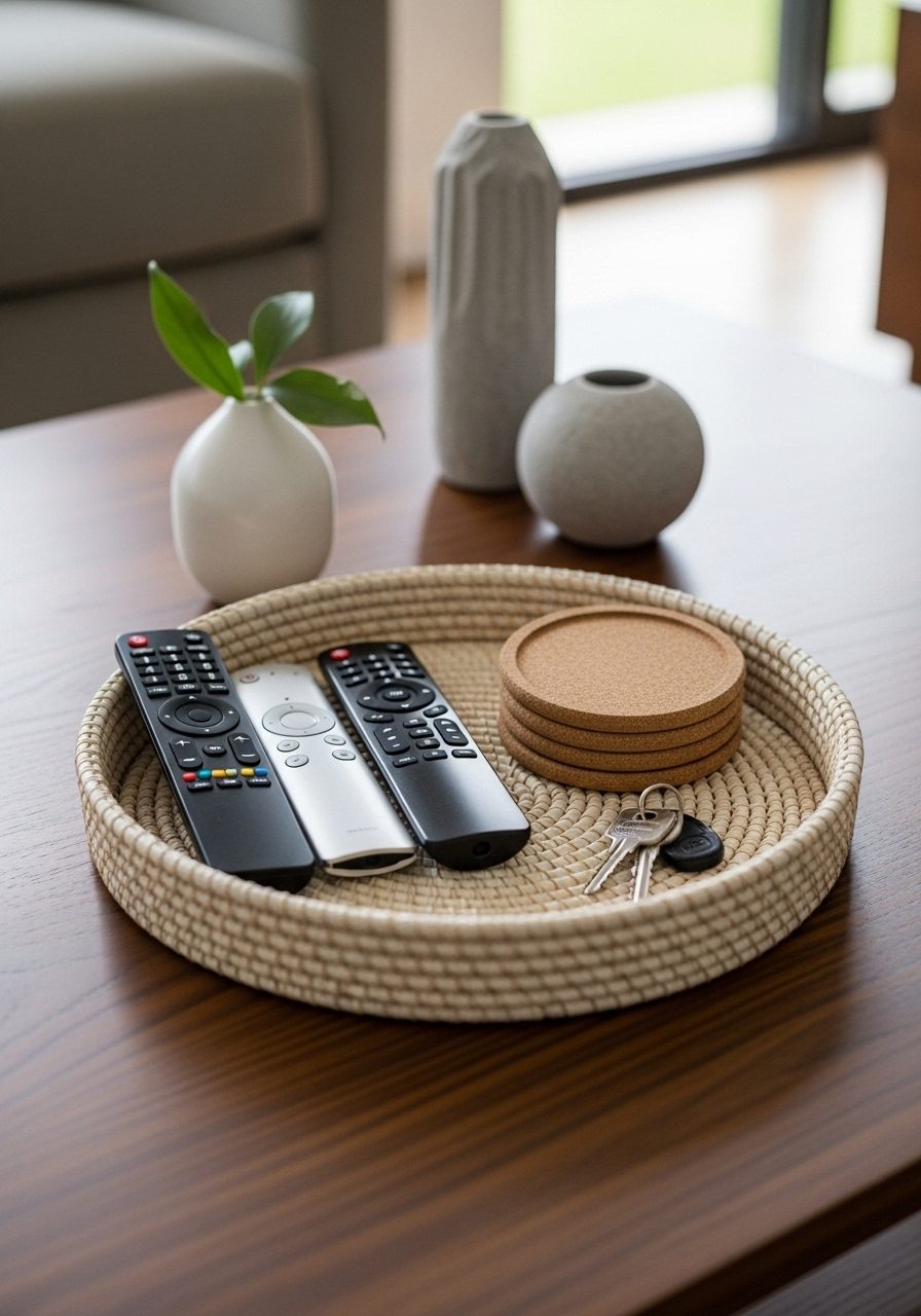 Basket tray organizing small items like remotes and keys on a coffee table
