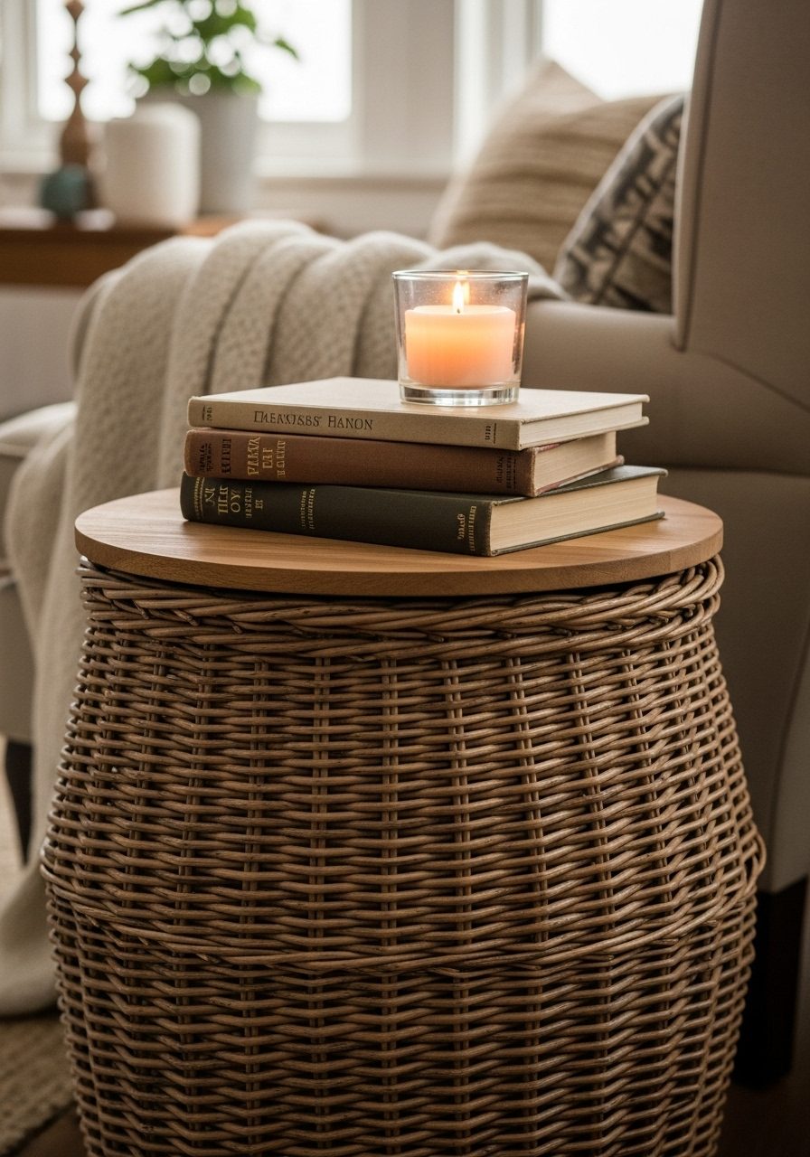 Basket with a lid functioning as a living room side table