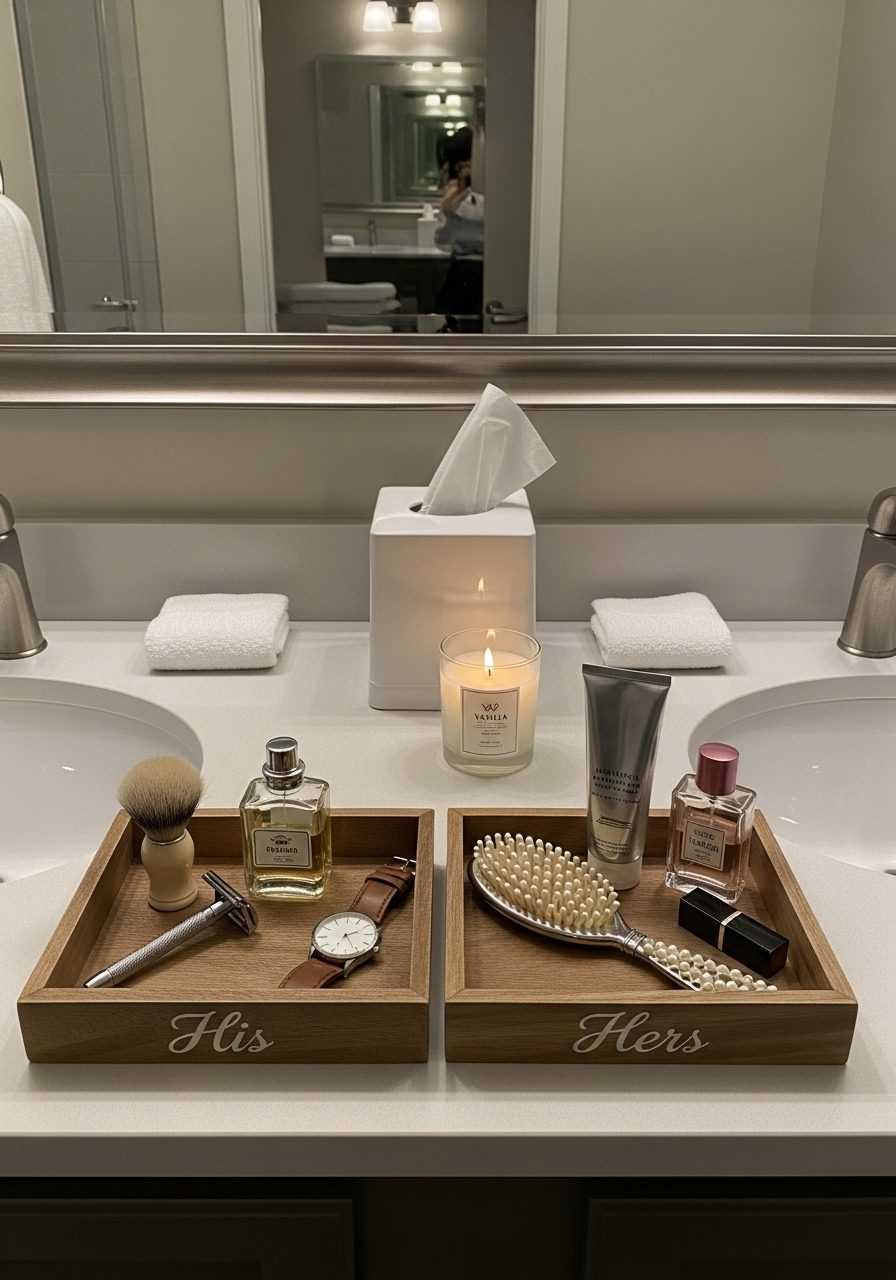 Bathroom counter for couples with separate trays and shared decor
