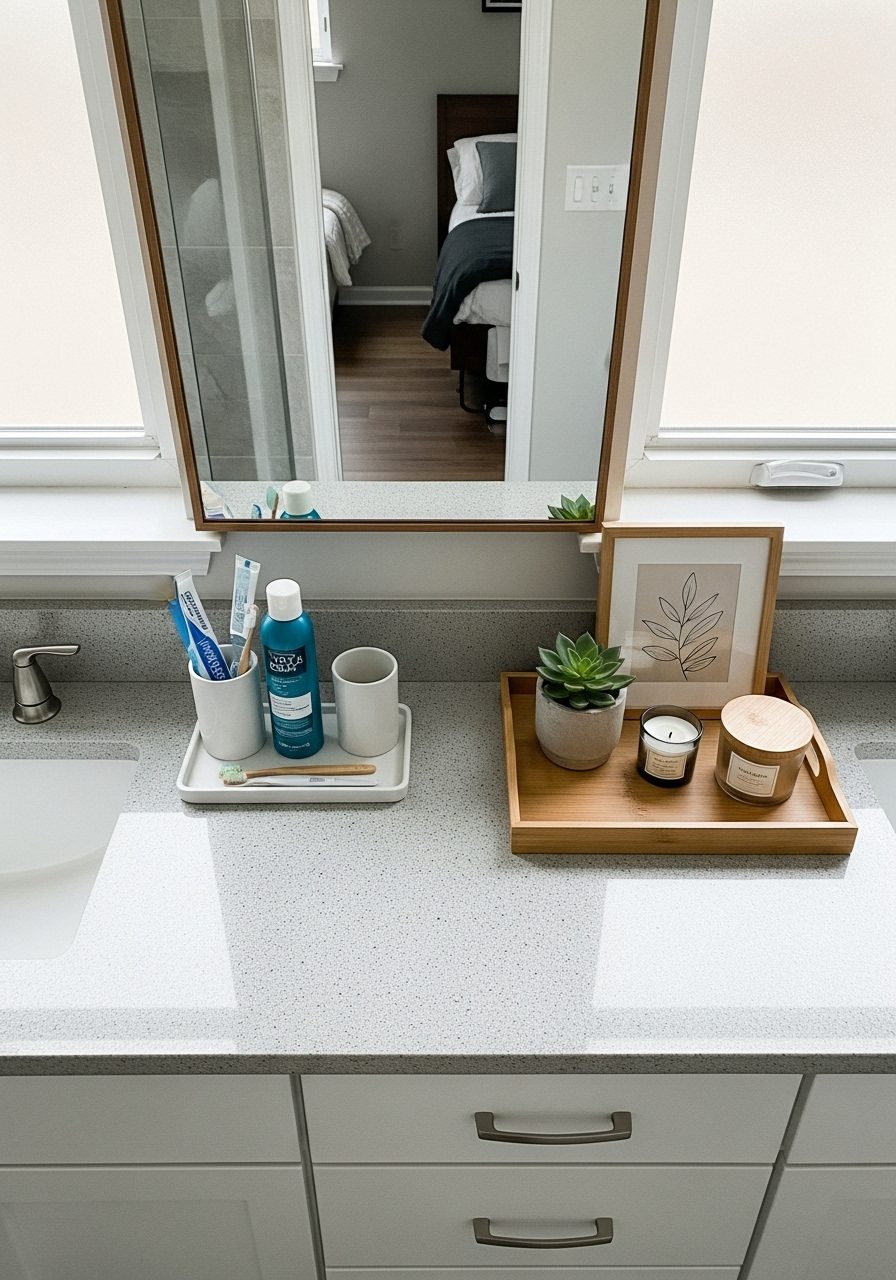 Bathroom counter layout showing functional and decorative zones