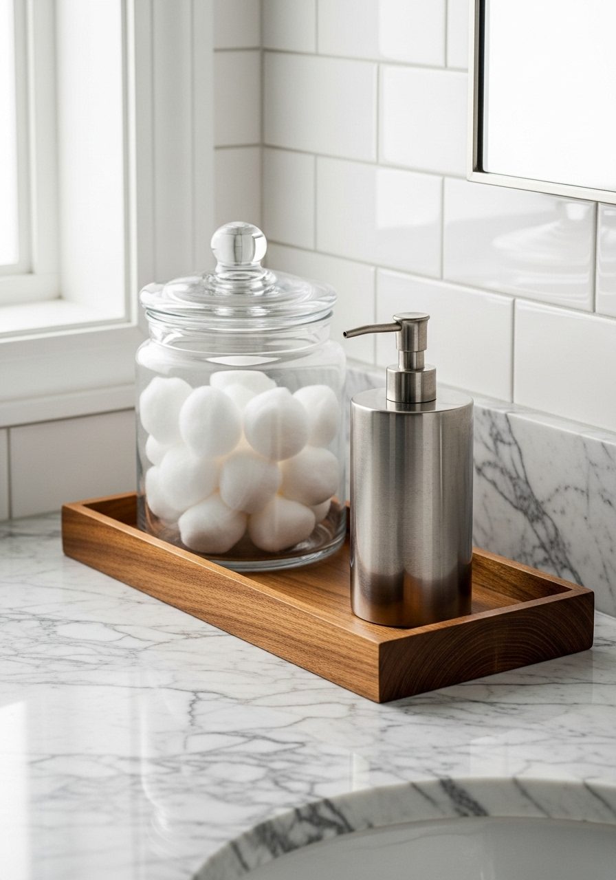 Bathroom counter showing decor materials like wood, glass, and metal on marble surface