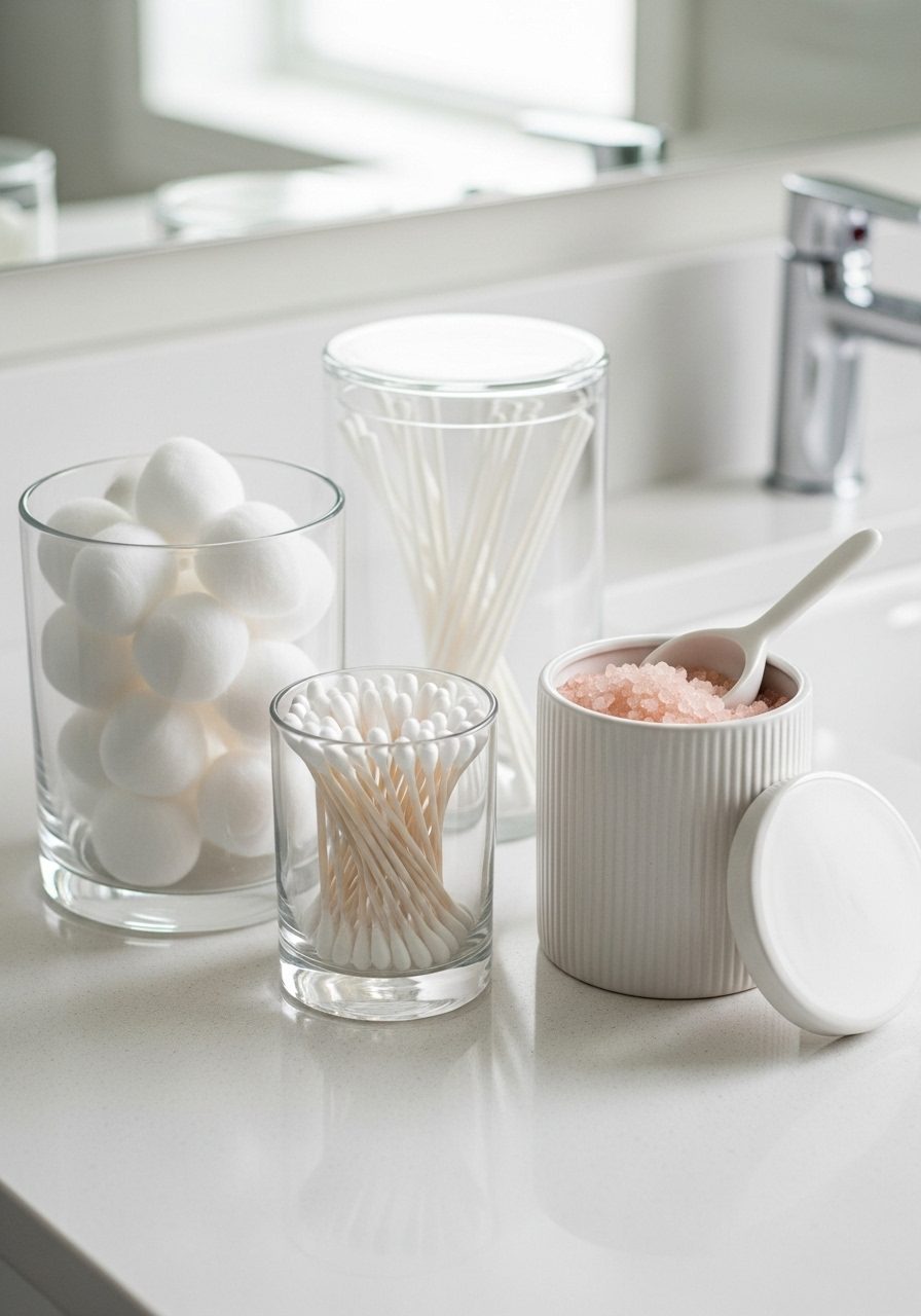 Bathroom counter with elegant glass and ceramic canisters for storage