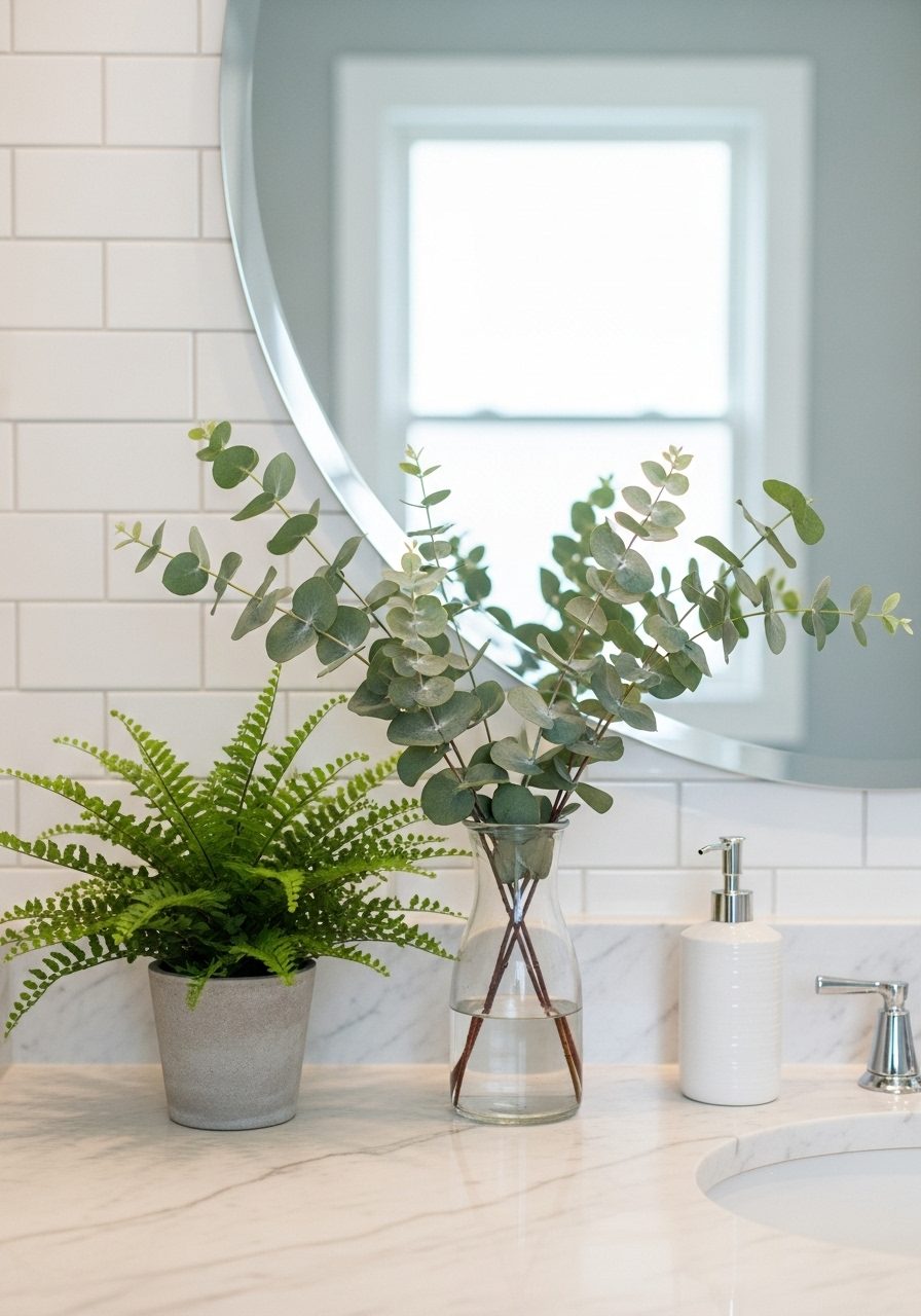 Bathroom counter with live plants and eucalyptus in vase beside soap dispenser and mirror, in fresh and minimal decor