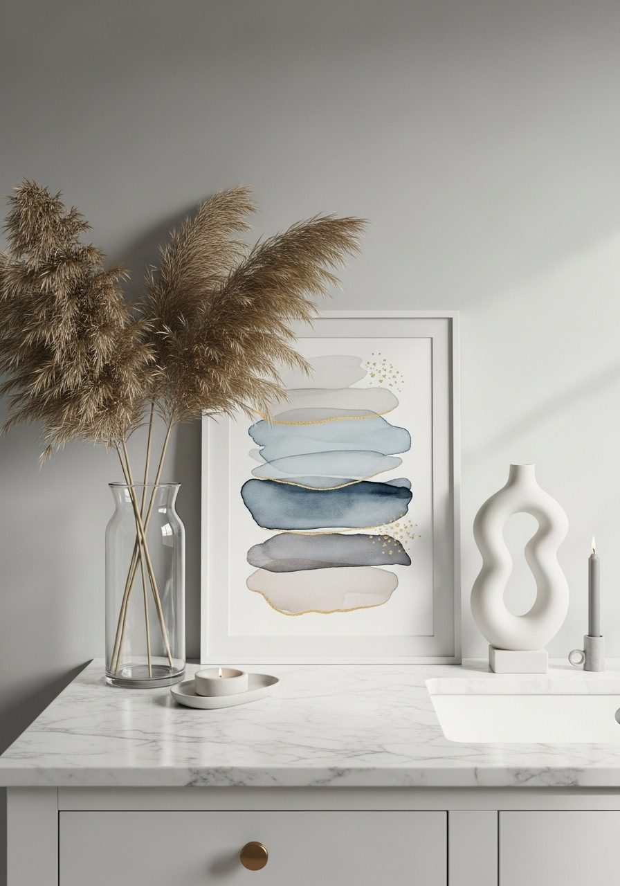 Bathroom countertop with art frame, tall vase, and sculpture for layered visual interest