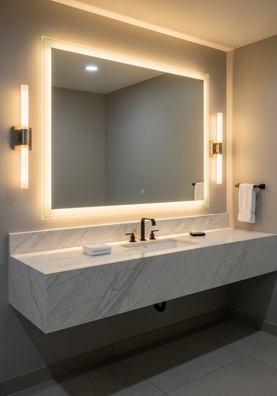 Bathroom mirror with sconces and LED backlight in modern apartment