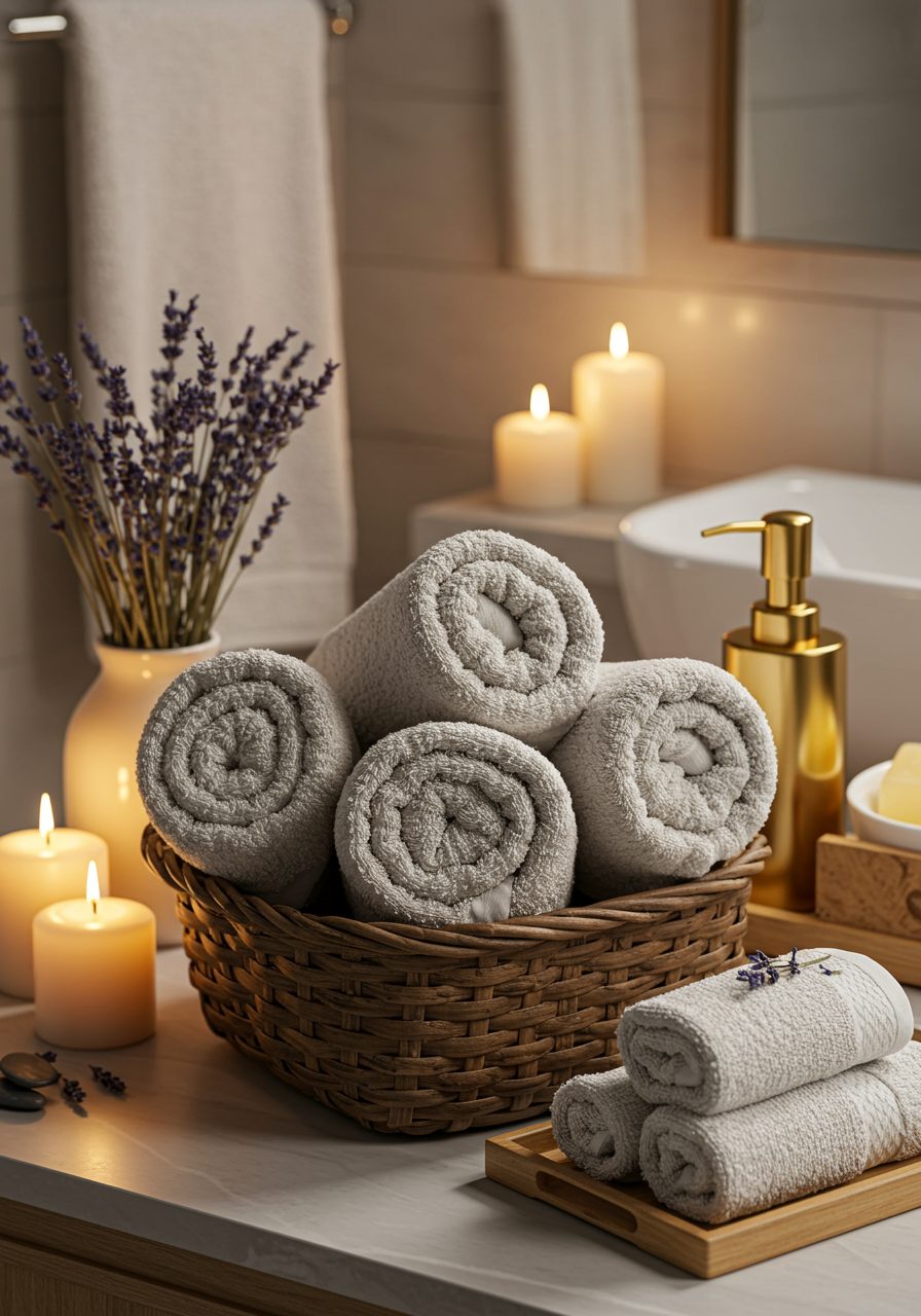 Bathroom towels styled with a wicker basket, lavender, and tray accessories for a cozy, elegant look