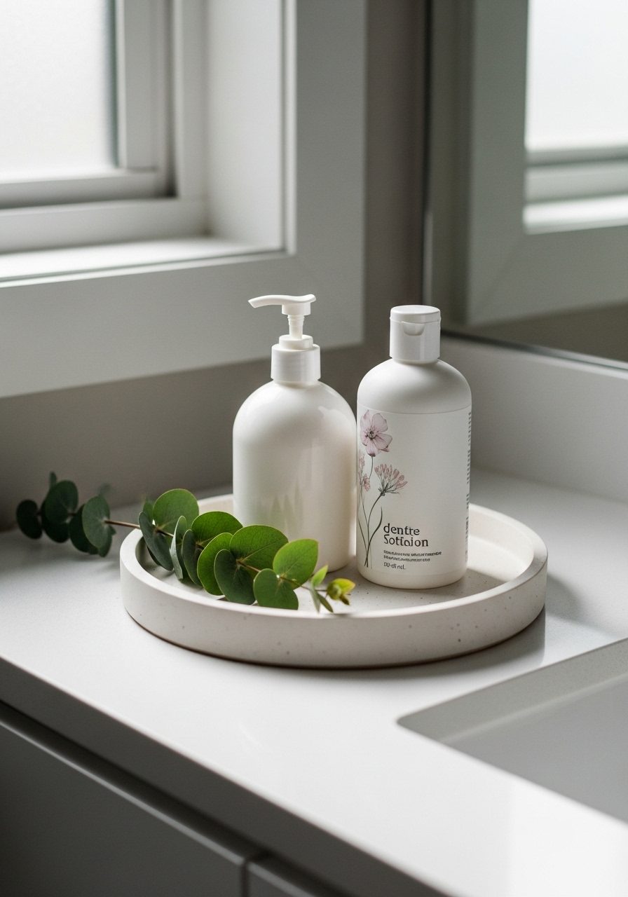 Bathroom tray decor featuring essential items and plant styling