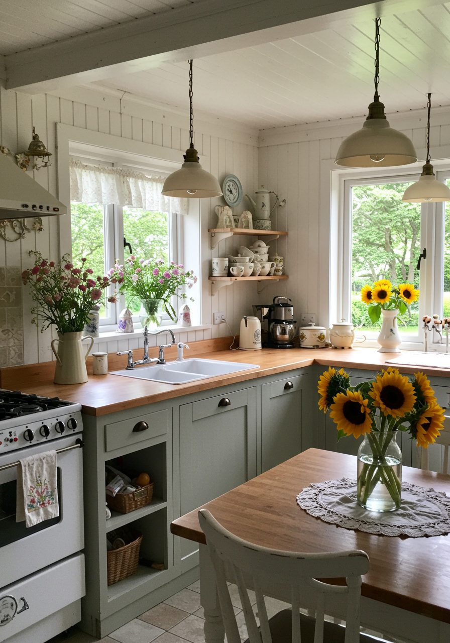 Beadboard paneling decorates kitchen soffit in a charming cottage-style setting