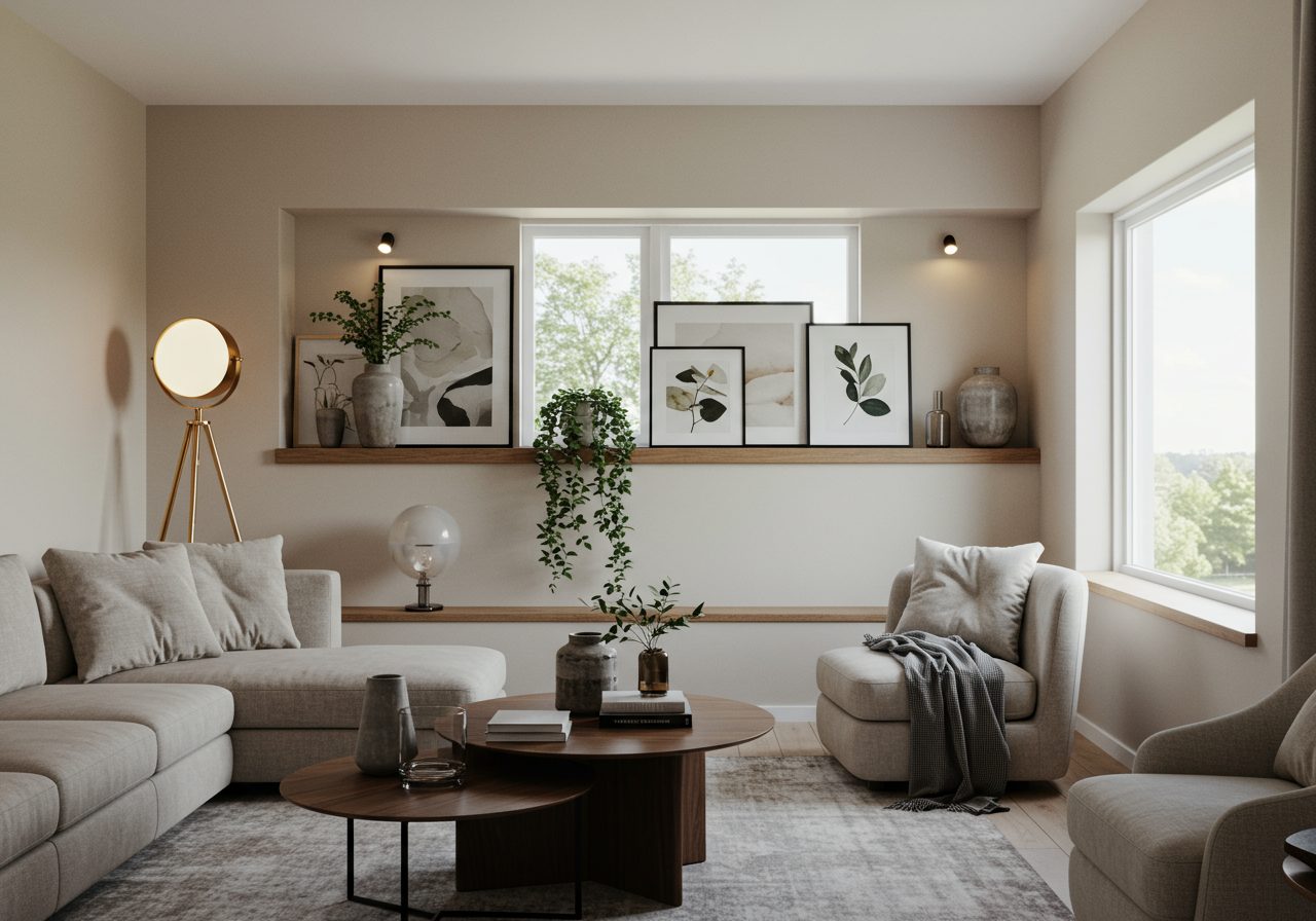 Beautifully decorated high ledge in a modern living room with tall ceilings and warm neutral decor