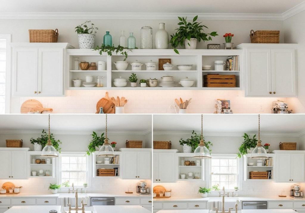 Beautifully decorated kitchen cabinet tops featuring greenery, vintage decor, and warm lighting above white cabinets