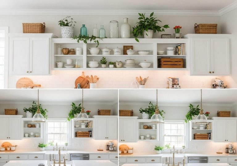 Beautifully decorated kitchen cabinet tops featuring greenery, vintage decor, and warm lighting above white cabinets