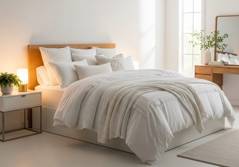 Beautifully decorated white bedroom with layered textiles, warm lighting, and natural elements for a serene and modern look