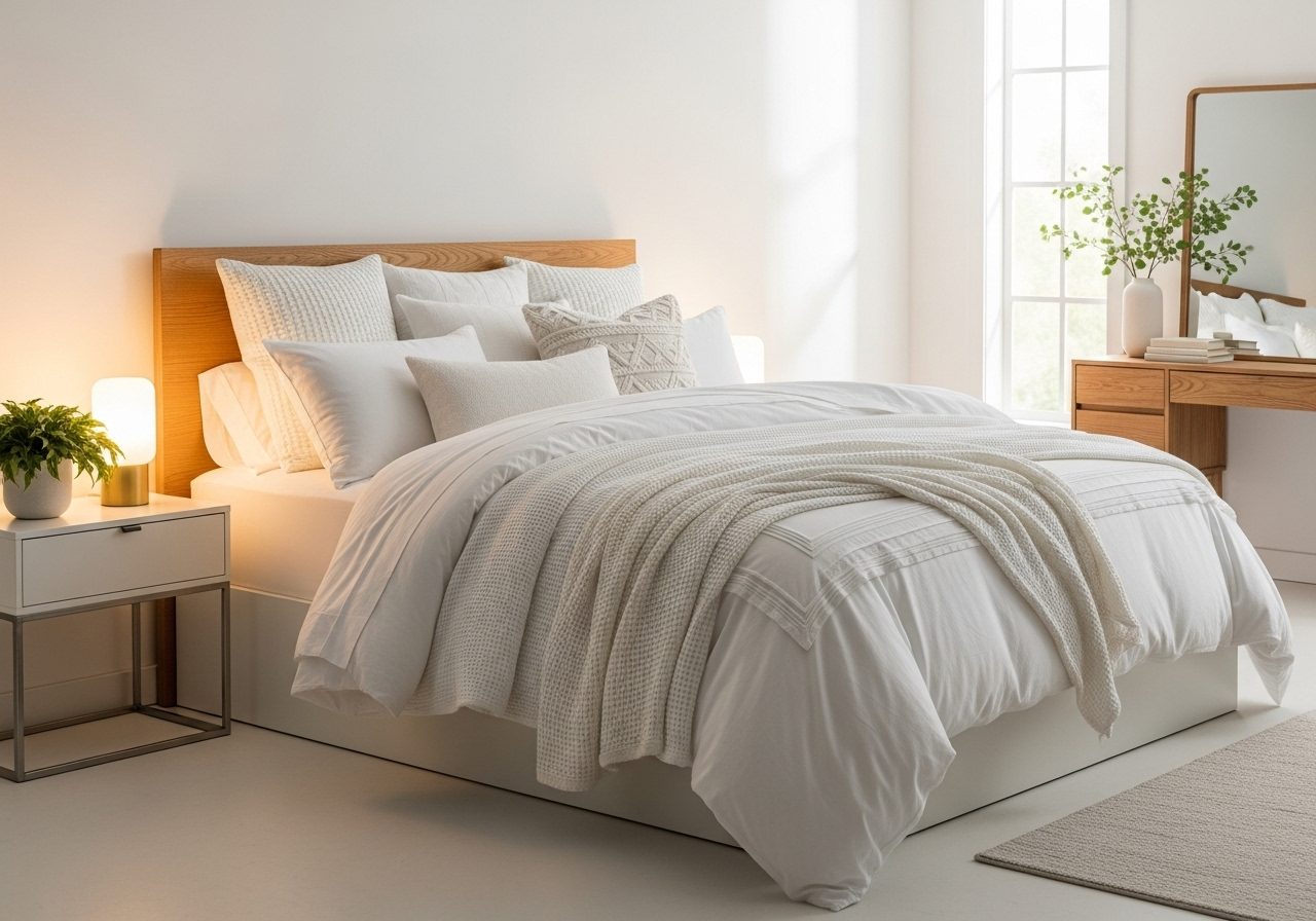 Beautifully decorated white bedroom with layered textiles, warm lighting, and natural elements for a serene and modern look