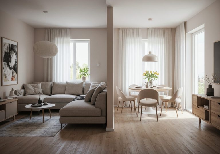 Beautifully designed living room and dining room combination with cohesive style, rugs, lighting, and multifunctional furniture dividing the open-concept space