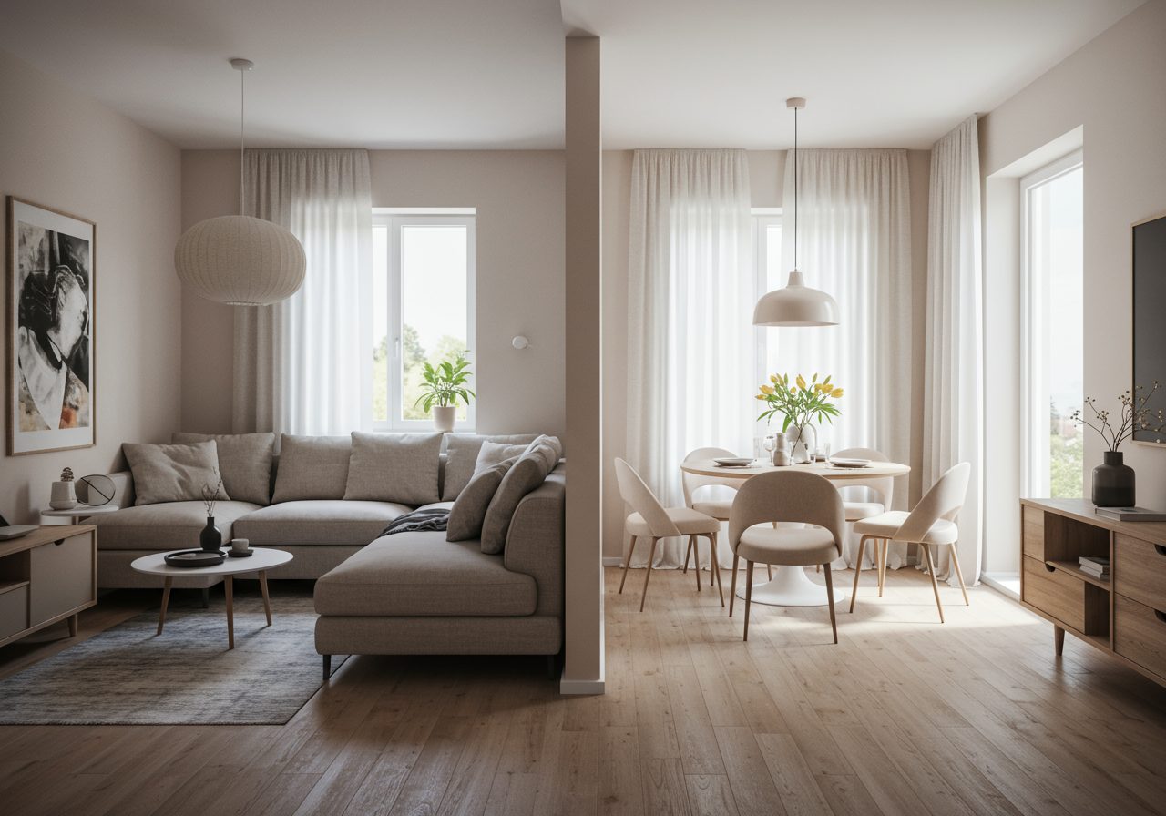 Beautifully designed living room and dining room combination with cohesive style, rugs, lighting, and multifunctional furniture dividing the open-concept space