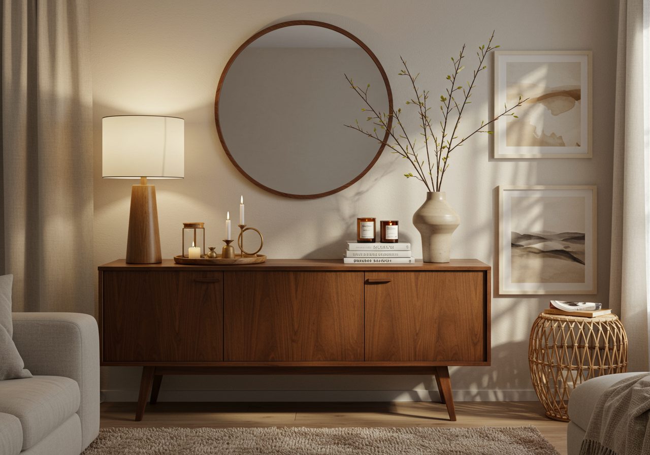 Beautifully styled mid-century sideboard with mirror, lamp, vase, and tray in a warm modern living room