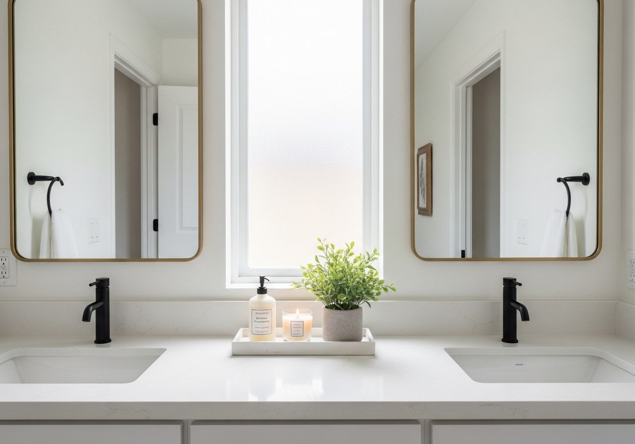Beautifully styled modern bathroom counter with decorative tray, plants, and soft natural lighting