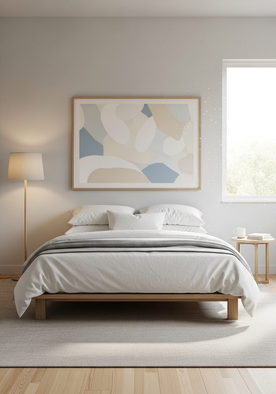 Bedroom decorated with framed artwork as an alternative to a headboard