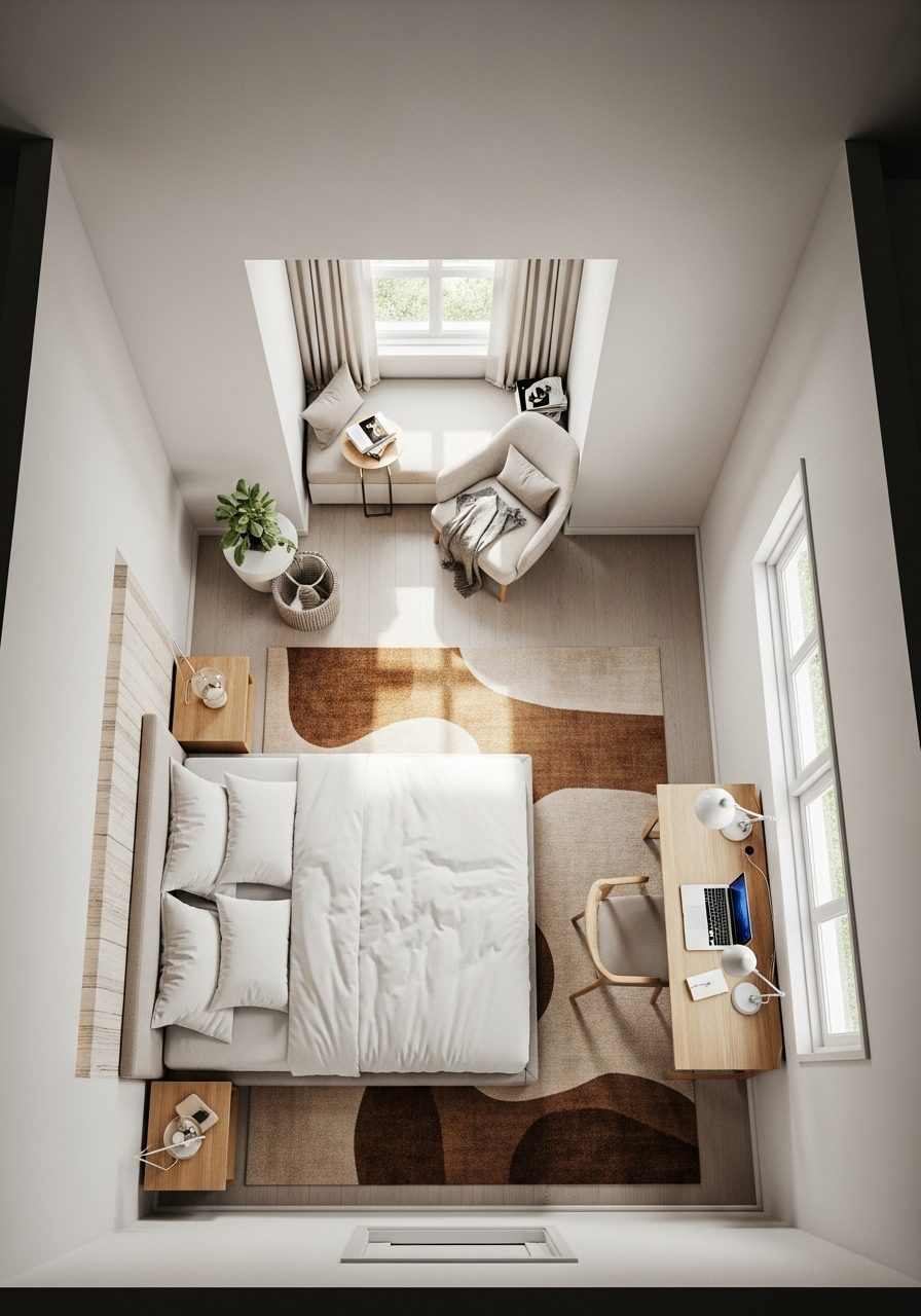 Bedroom layout under a slanted ceiling organized into functional zones