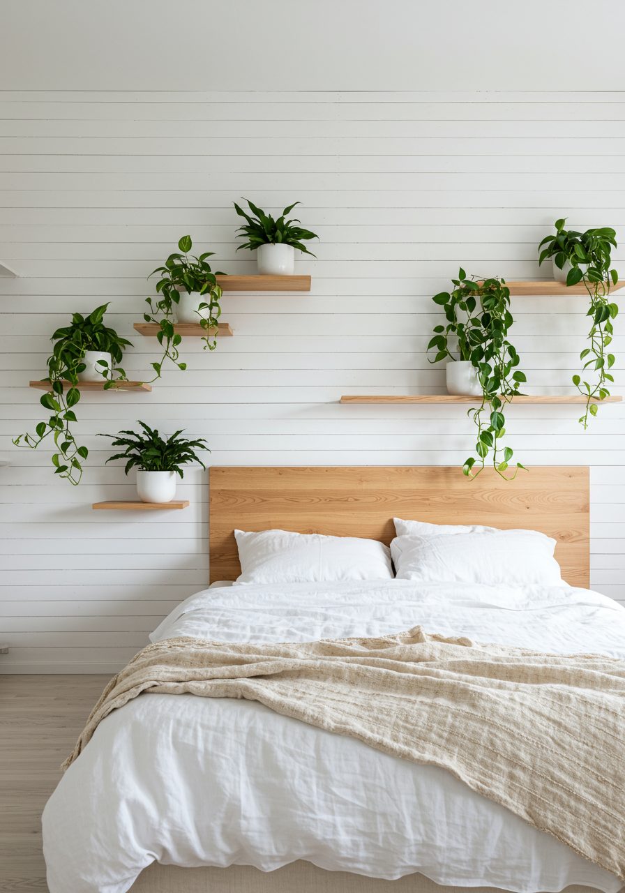 Bedroom wall decorated with natural wood and green plants for warmth