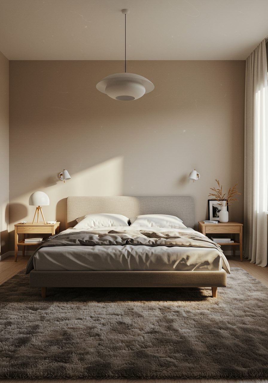 Bedroom without headboard using rug and furniture layout for visual balance