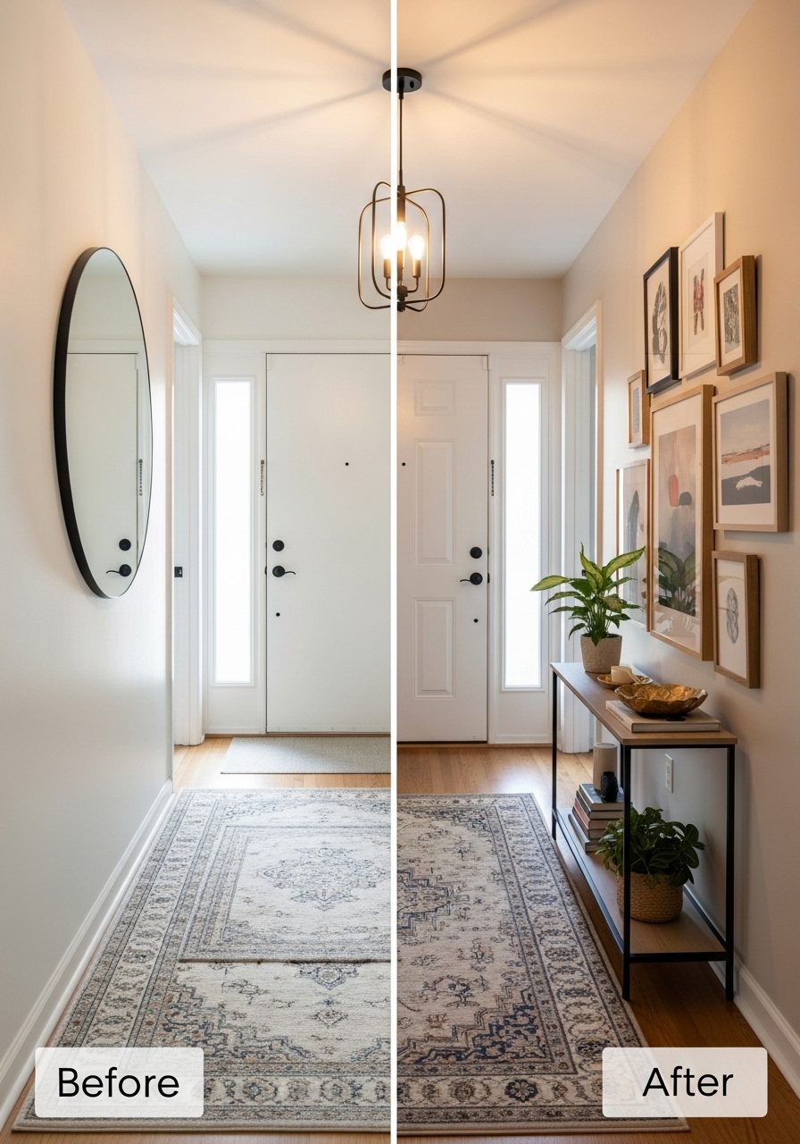 Before-and-after makeover showing transformation of a plain long entryway