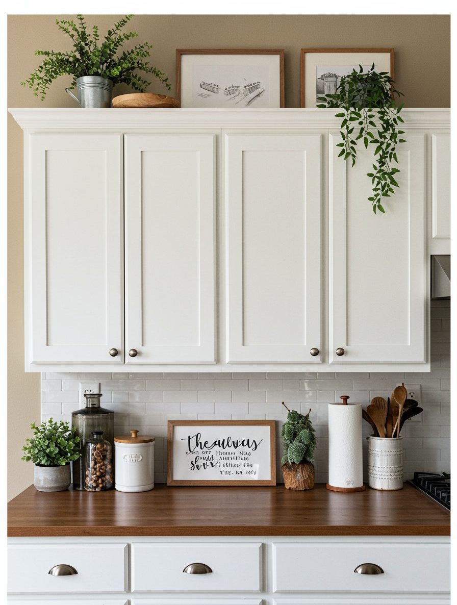 Before-and-after showing cluttered versus sleek modern styling above kitchen cabinets