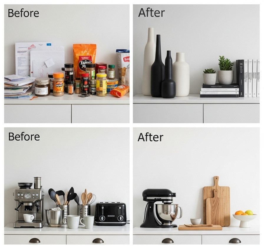 Before-and-after transformations showing modern styling above kitchen cabinets