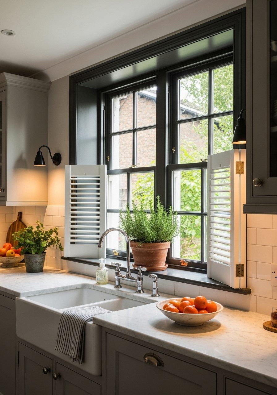 Black-trimmed kitchen window with white shutters and countertop herb plant