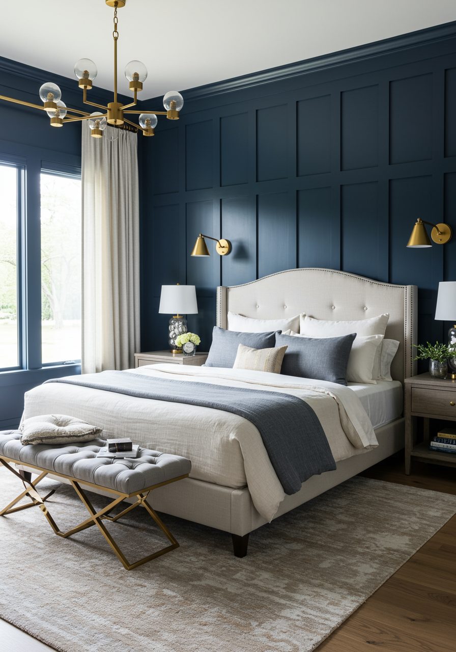 Board and batten architectural panels decorating a big bedroom wall