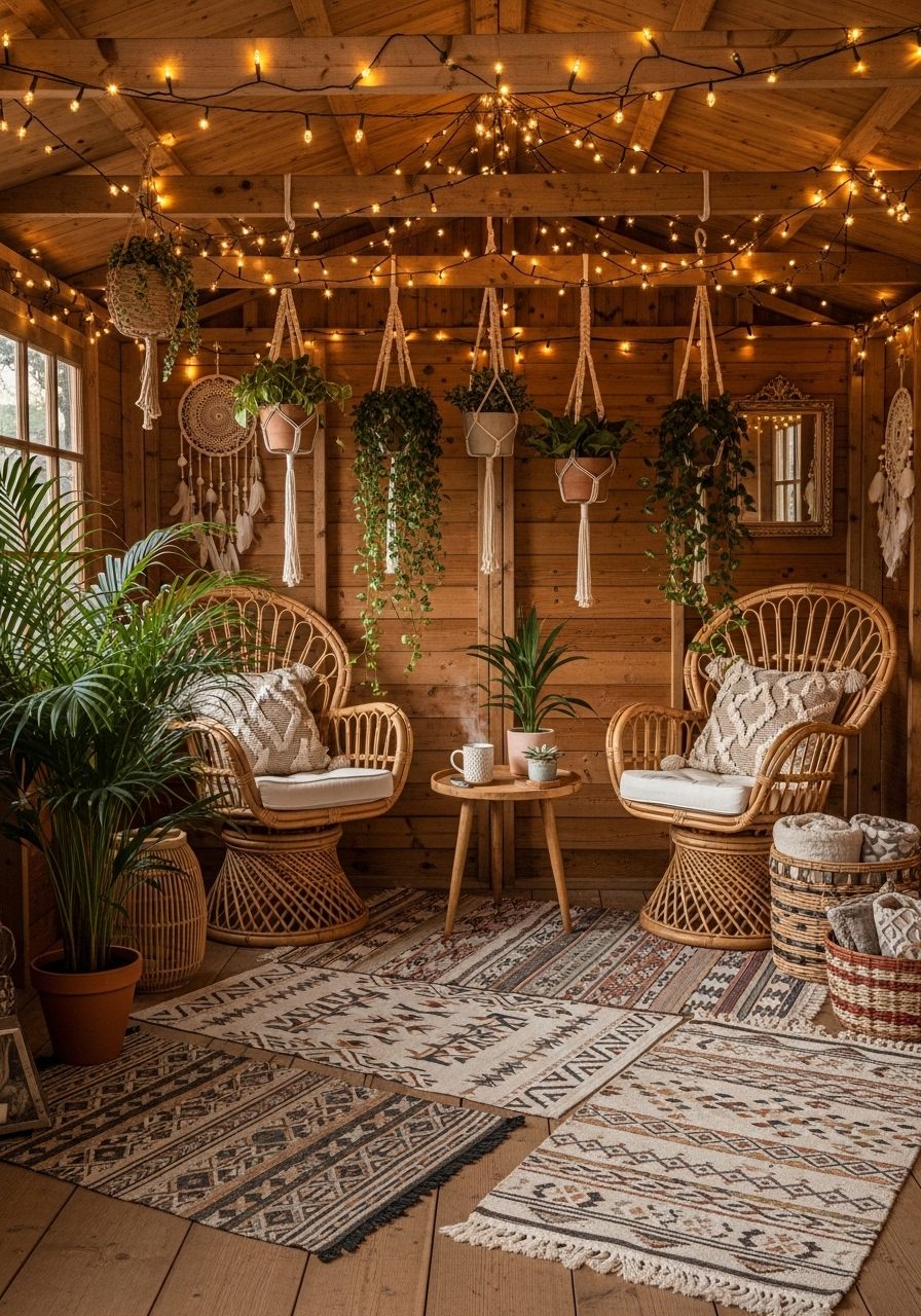 Bohemian garden shed with rattan furniture and macramé decor