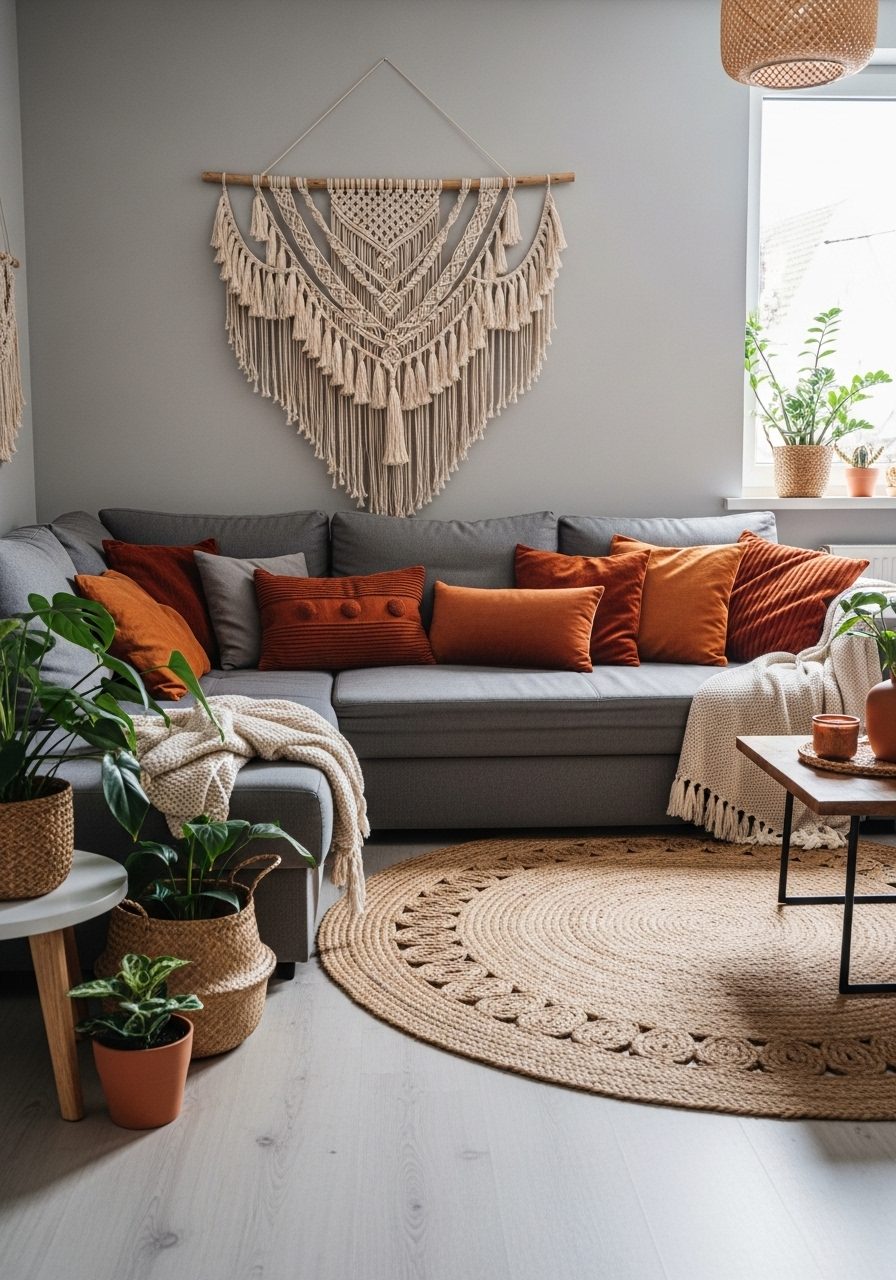 Bohemian-inspired gray living room with warm accents and natural textures