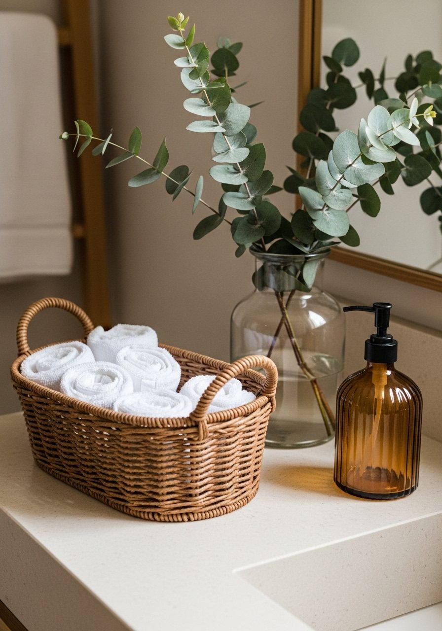 Boho-style bathroom countertop with wicker basket, eucalyptus, and amber glass soap dispenser
