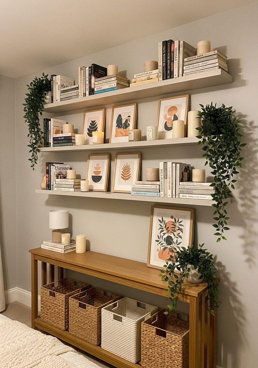 Bold botanical wallpaper adds color and texture to a large bedroom accent wall