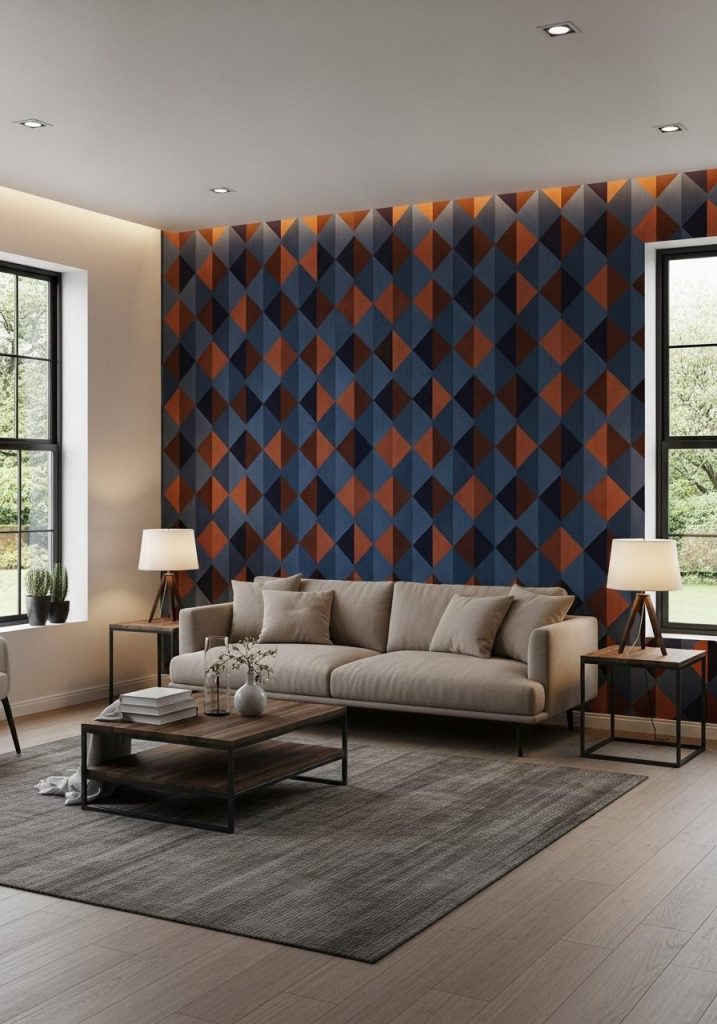 Bold patterned removable wallpaper in a contemporary living room