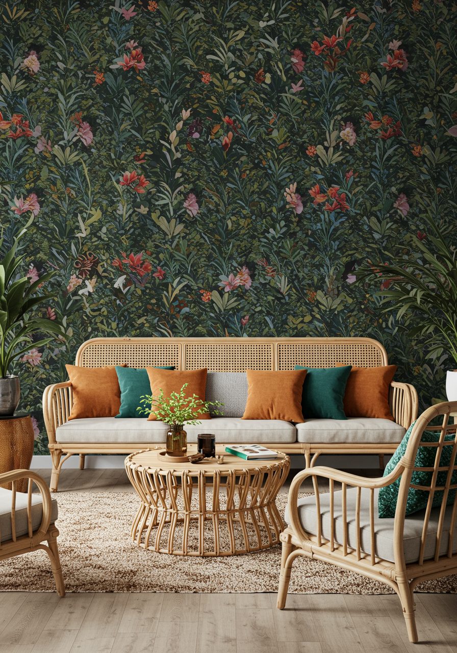 Bold wallpaper transforms a large living room wall into a striking accent area