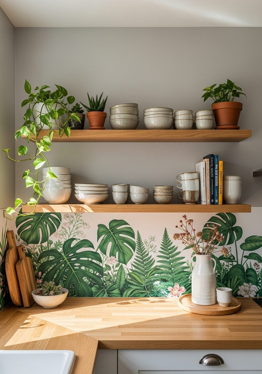 Botanical peel-and-stick mural decorating a cozy modern kitchen wall