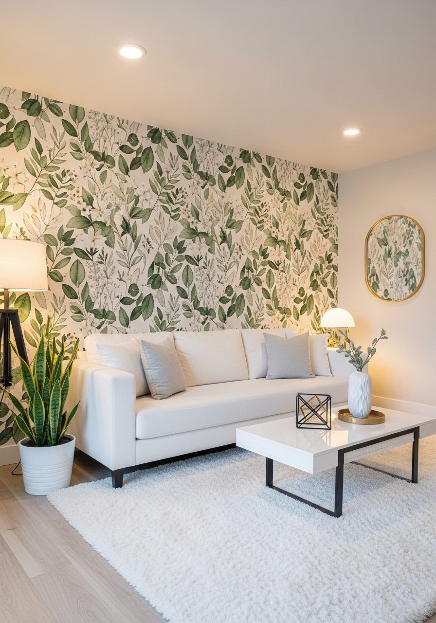 Botanical wallpaper transforming a long wall in a cozy modern living room