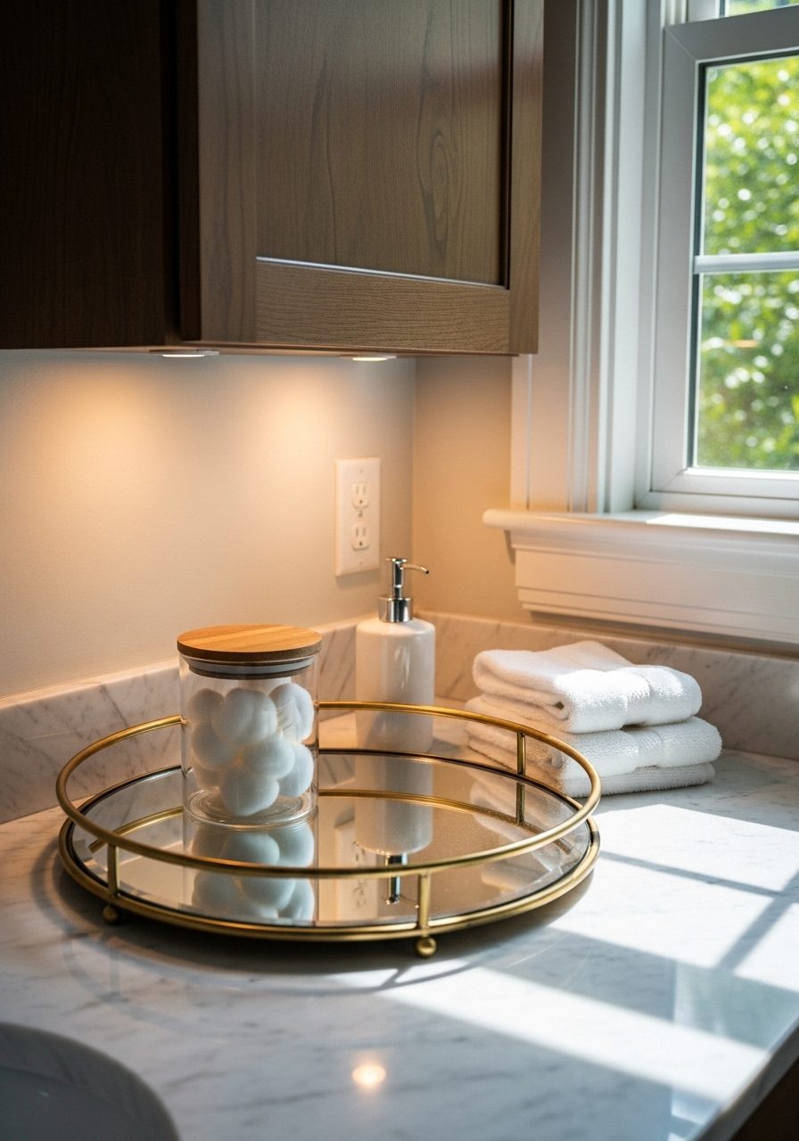 Bright bathroom countertop with mirror reflection and soft lighting accents