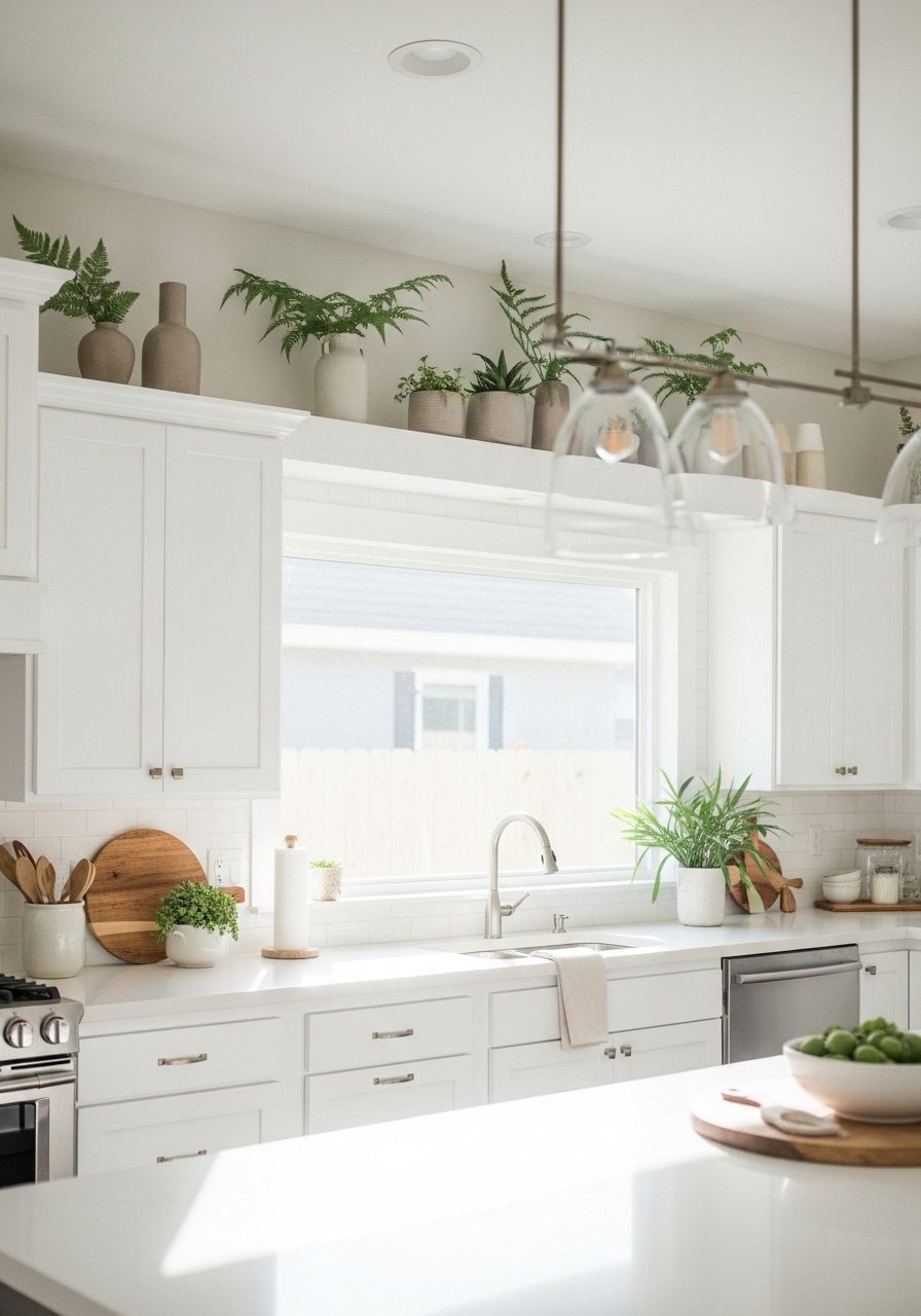 Bright kitchen with white cabinets and greenery on top showcasing elegant cabinet top decoration ideas