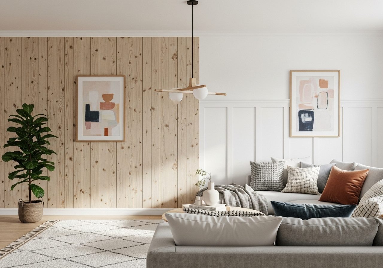 Bright modern living room featuring wood paneling styles, cozy furniture, and layered decor accents