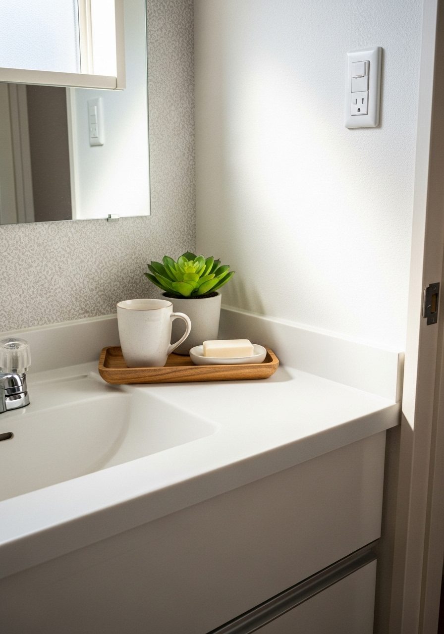 Budget bathroom with laminate countertop and simple, organized decor tray