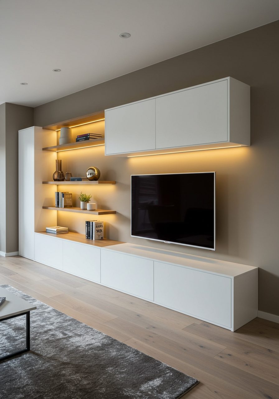 Built-in media center with shelving and cabinets across a long living room wall