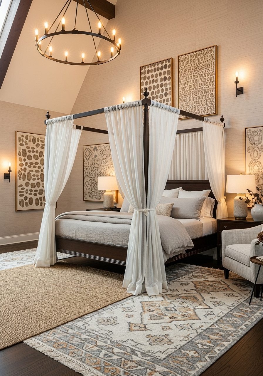 Canopy bed and sheer drapery create intimacy in a tall bedroom with soft textures