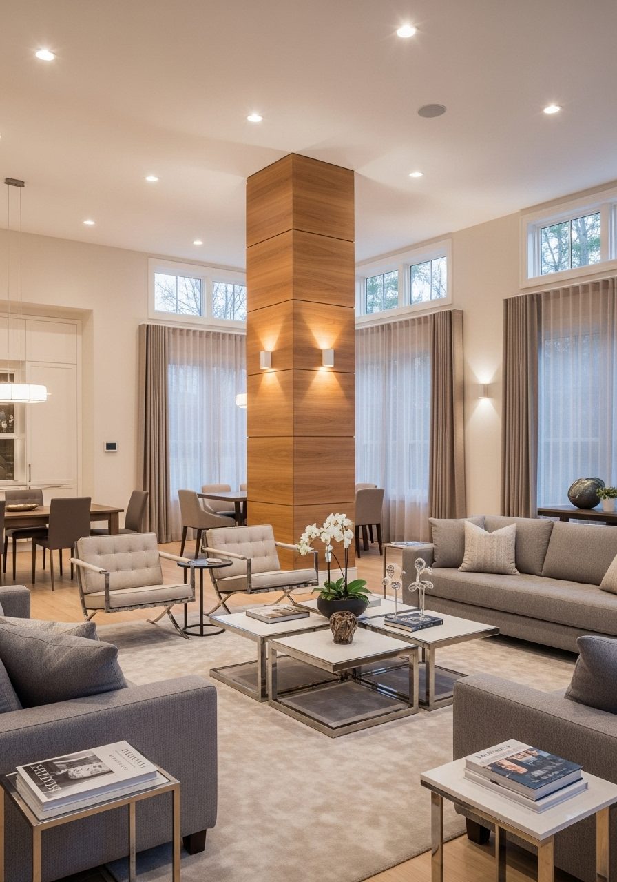 Central pillar in living room wrapped with vertical wood panels for a warm finish