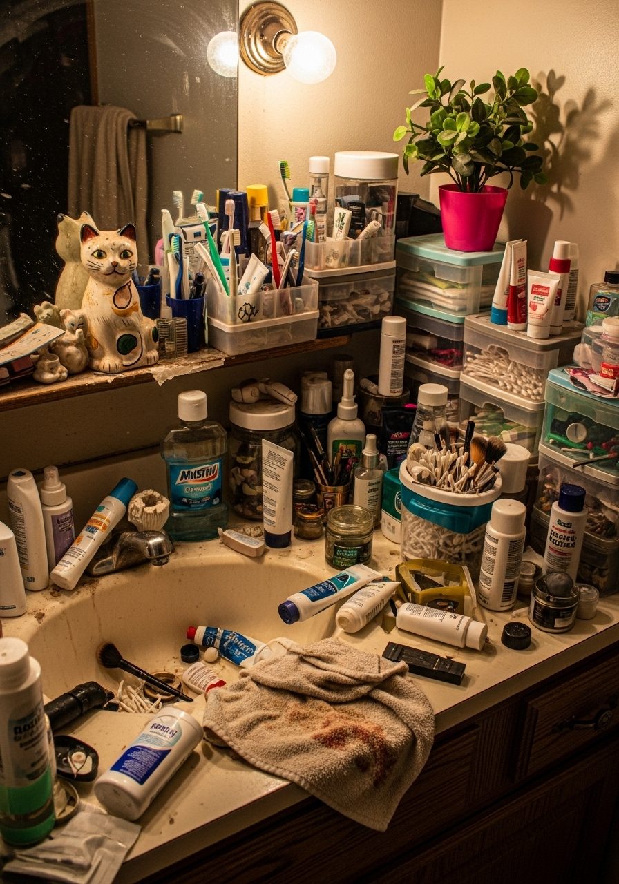Cluttered bathroom counter showing common styling mistakes
