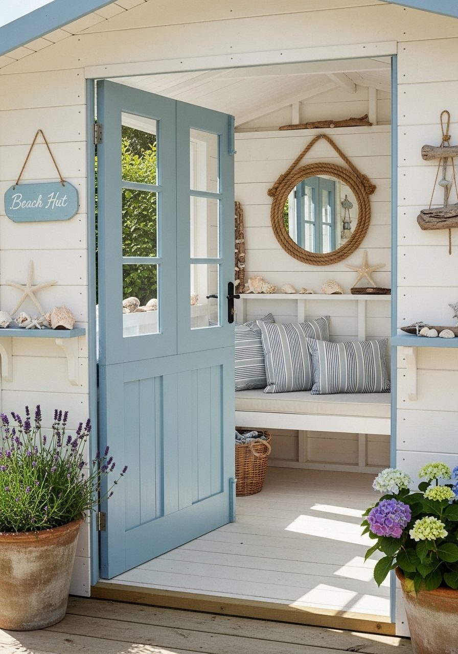 Coastal garden shed with blue door and nautical striped pillows